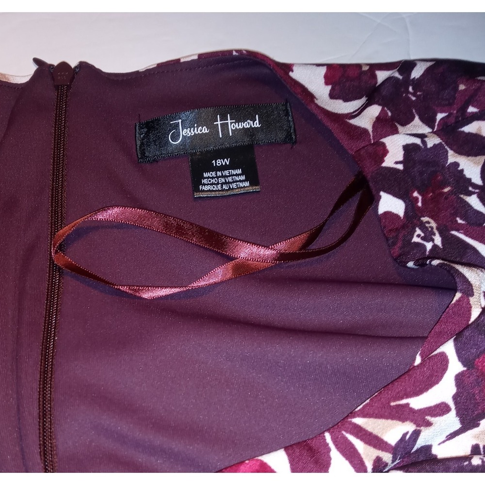 Jessica Howard Dress 18 W Ruched Flounce Hem A Line Maroon Multi V neck Lined - Picture 4 of 13